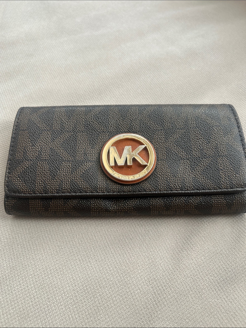 Michael Kors Brown Signature MK Continental Wallet with Gold Emblem